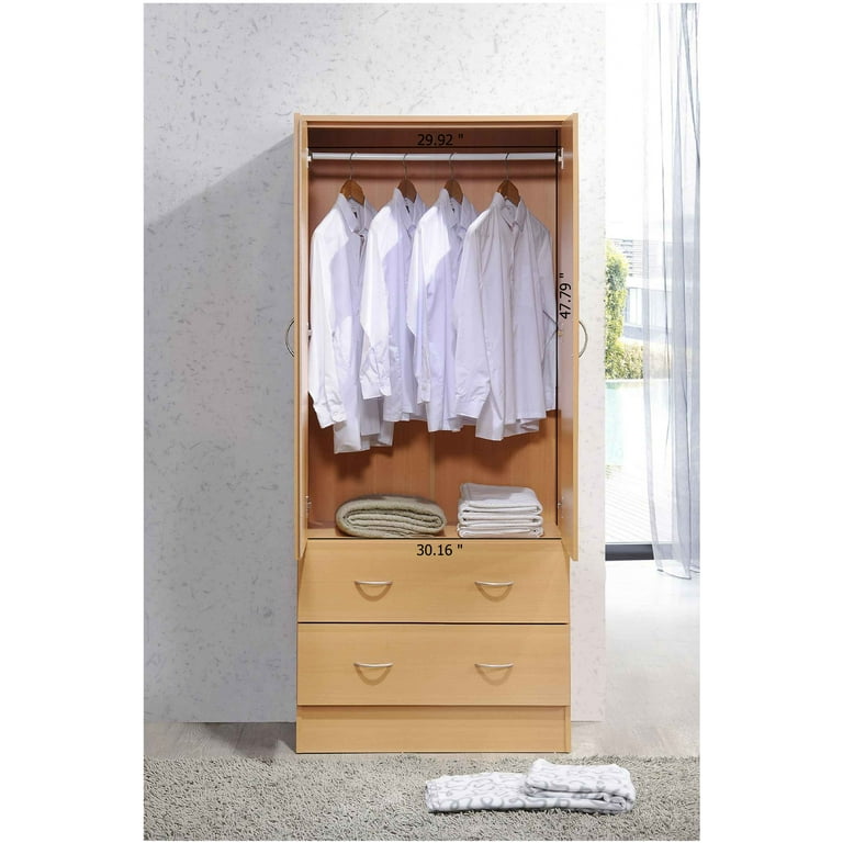 Hodedah Two Door Wardrobe with Two Drawers and Hanging Rod Beech