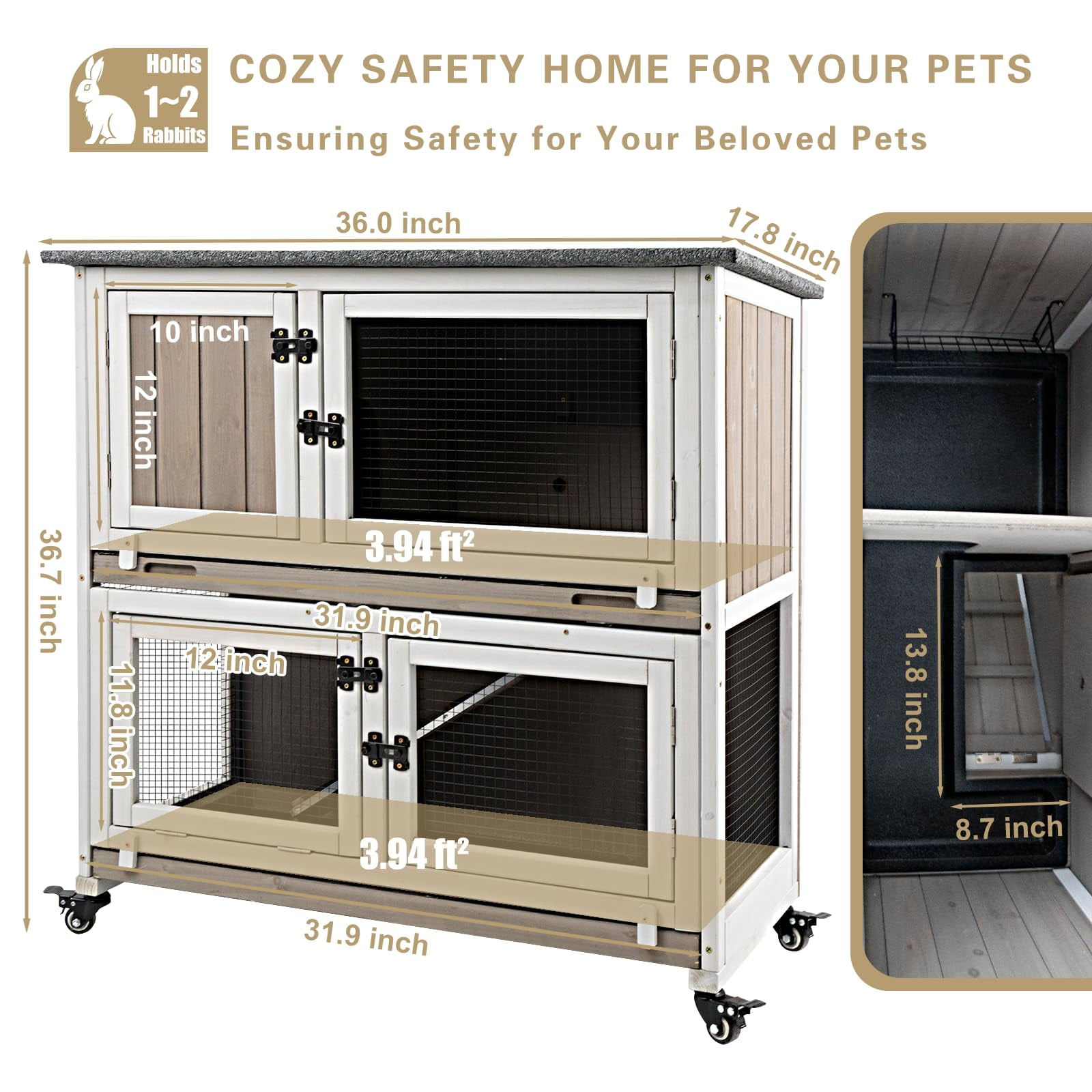 Gowoodhut Rabbit Hutch Indoor Wooden 2 Story Bunny Hutch Rabbit Cage with Wheels for Small Animals