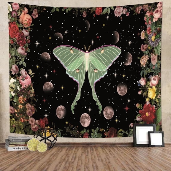 Dashan Teal Luna Moth Tapestry Wall Hanging,Moon Phase Stars Floral Tapestries for Bedroom Living Room Dorm Decor,60"Wx50"L