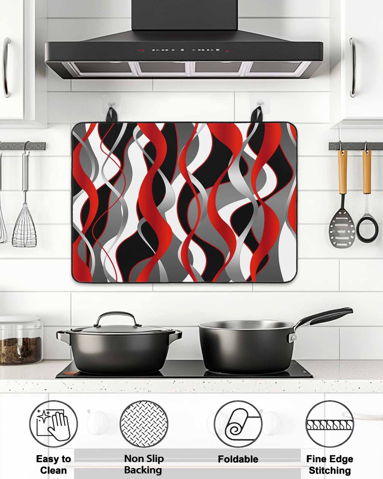 Stove Top Covers for Electric Stove, Red Stripe Glass Stovetop Cover Protector, Grey White Ombre Geometric Modern Abstract Induction Cooktop Protector Oven Mat for Kitchen Countertop 36"x21"