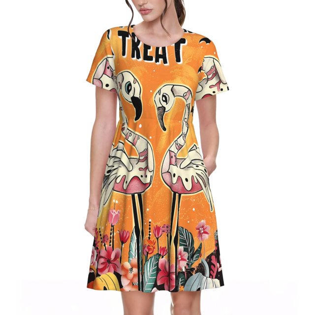 Easygdp Halloween Flamingos para Vestido Transpirable de Mujer, Vestido Suelto de Manga Corta con Pliegues y Bolsillos para el Verano
