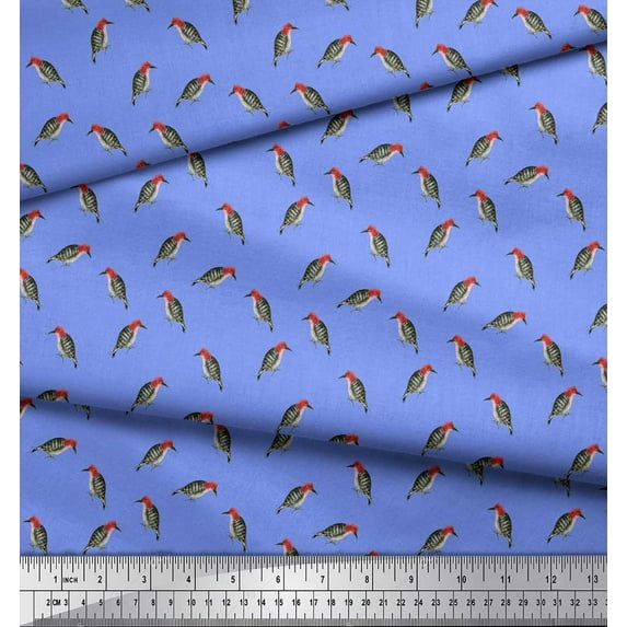 Soimoi Blue Cotton Voile Fabric Woodpecker Bird Print Sewing Fabric Yard 42 Inch Wide