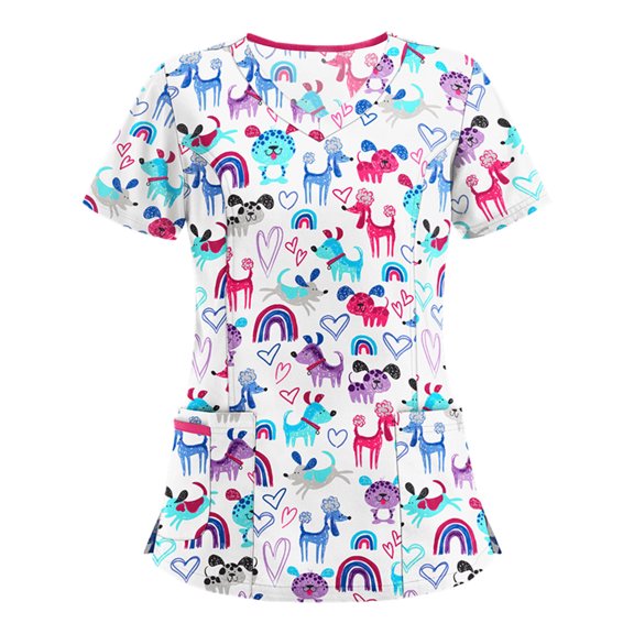 Ichuanyi Womens Tops Women Short Sleeve V-neck Tops Working Uniform Cartoon Print Blouse