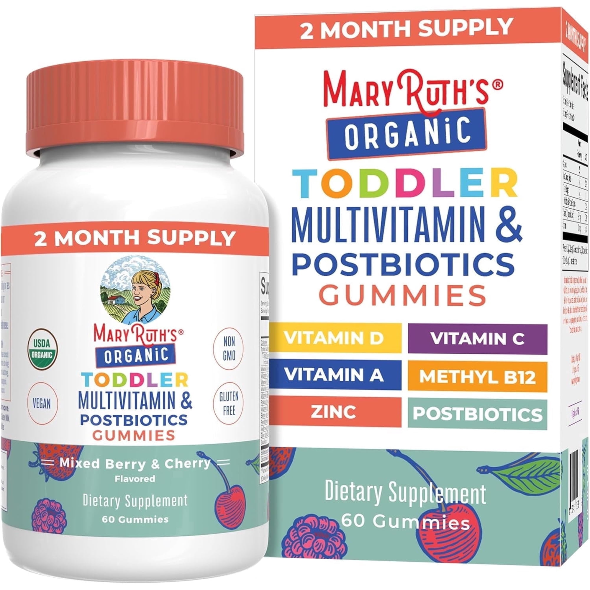 MaryRuth's Toddler Multivitamin Gummies & Postbiotics Ages 2-3 USDA Organic Immune Support Overall Health Vegan Non-GMO Mixed Berry & Cherry 60 Count