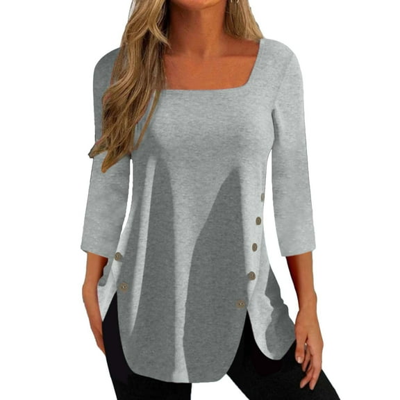 JINMGG Womens Tops,Fashion Women Solid T-Shirt Mid-length 3/4 Sleeves Blouse Round Neck Casual Tops,Gray S