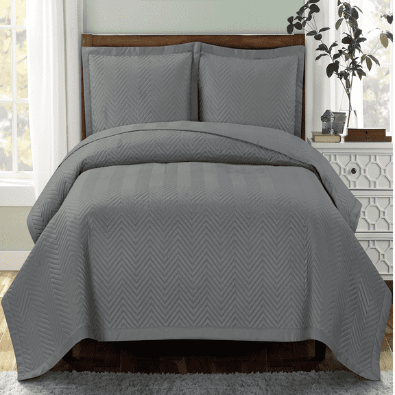 Chervon Reversible Lightweight Solid Gray Quilted Coverlet Set : King/Calking