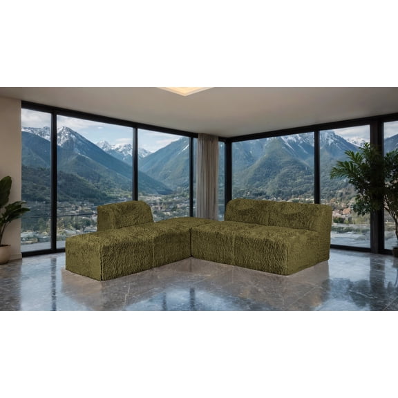 Atlas Mattress Nappi Faux Fur Modular L-Sectional Sofa, Ultra-Soft Plush Cushions, Contemporary Living Room Seating, Olive Green