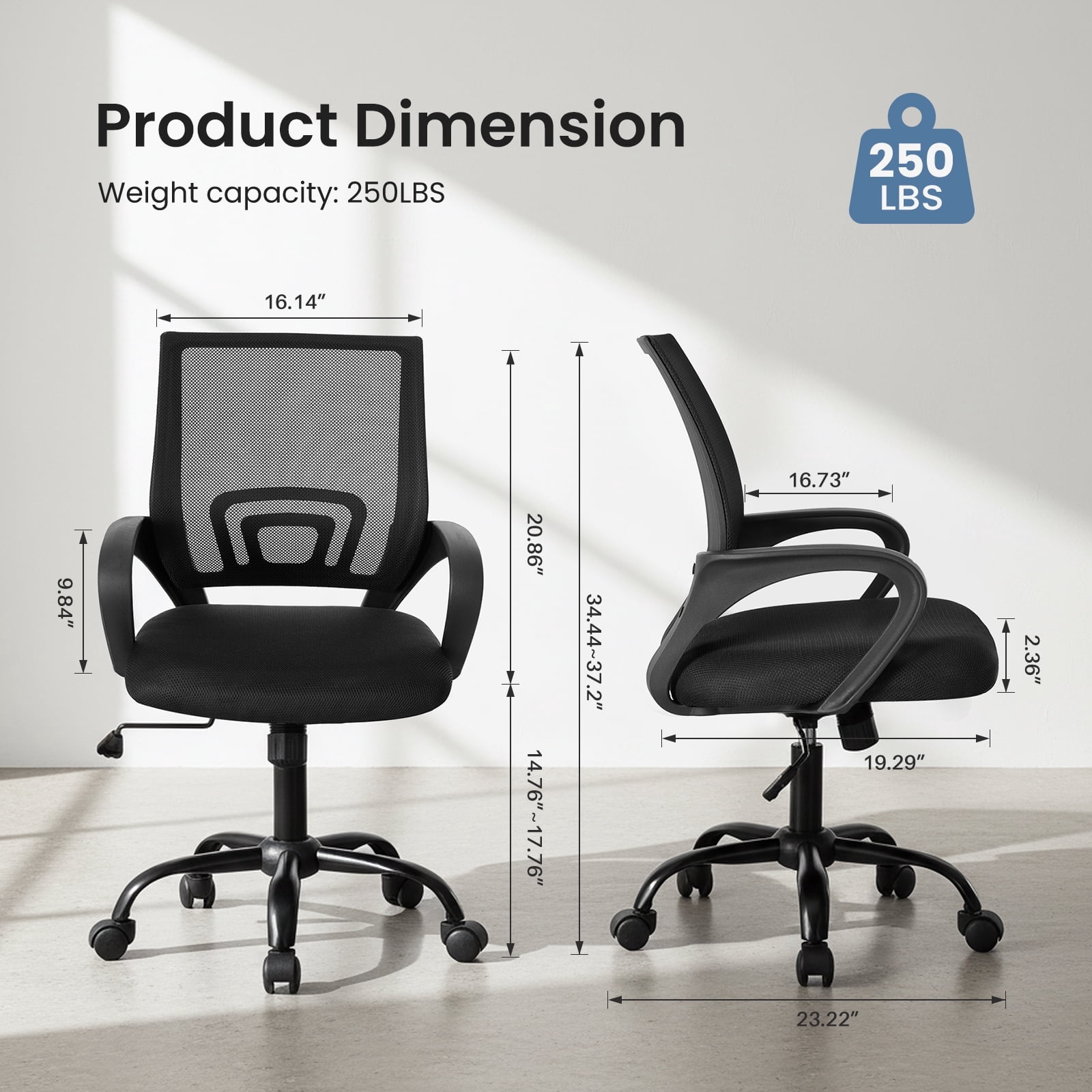 Sweetcrispy 250 lb Ergonomic Office Chair, Mesh Desk Chair with Lumbar Support & Adjustable Height, Rolling Computer Chair for Home Office, Black