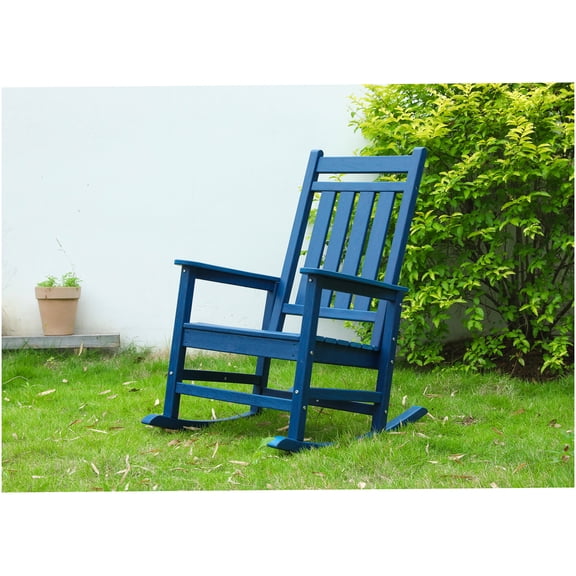COSMOS Oversized Outdoor Rocking Chair with Wood Grain Texture, All-Weather Navy Blue Patio Rocker for Porch Garden Lawn