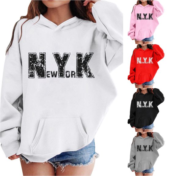 JAJAHO Girls New York Hoodie Kids Letter Graphic Oversized Long Sleeve Sweatshirt With Pocket 3-14Y