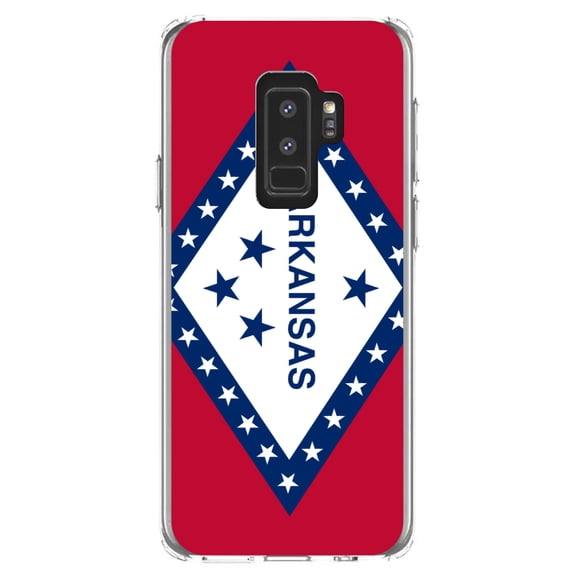 DistinctInk Clear Shockproof Hybrid Case for Samsung Galaxy S9  PLUS (6.2" Screen) - TPU Bumper, Acrylic Back, Tempered Glass Screen Protector - Arkansas State Flag - US State Flag