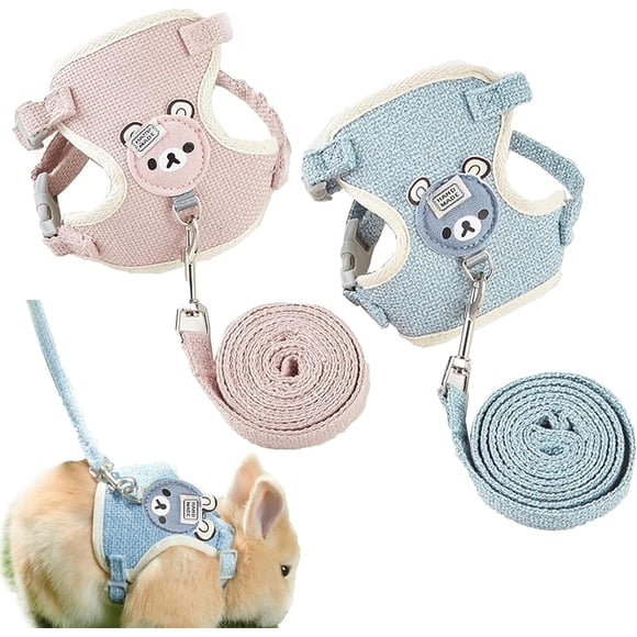 Arnés Ajustable Elástico para Conejos y Gatos - Paquete de 2 Correas Suaves + Pechera (25-33 cm / 10-13 pulgadas) - Azul y Rosa