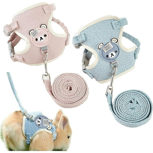 Arnés Ajustable Elástico para Conejos y Gatos - Paquete de 2 Correas Suaves + Pechera (25-33 cm / 10-13 pulgadas) - Azul y Rosa