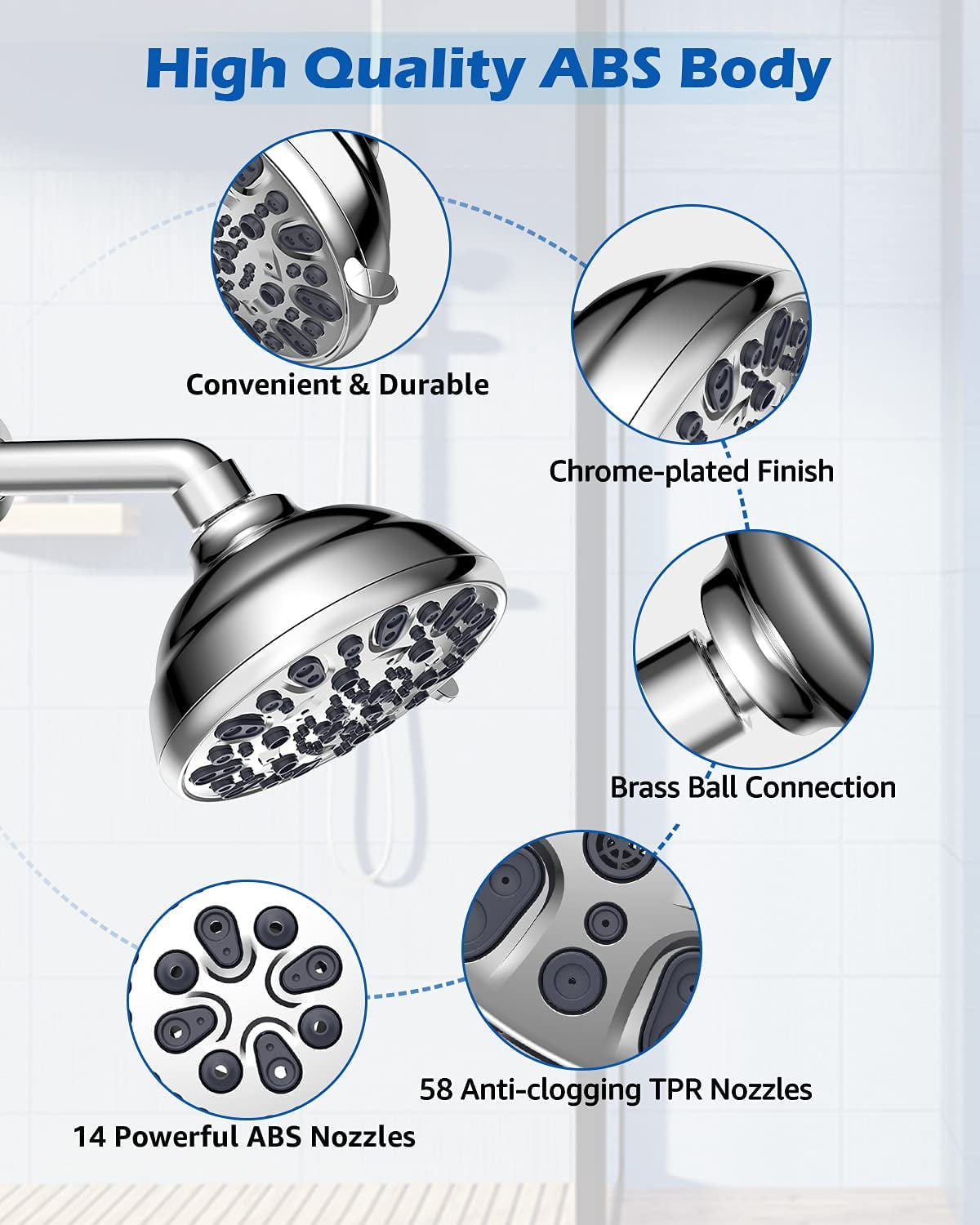 High Pressure Shower Head 4.7" Rain Fixed Showerhead 7-Spray Setting with Adjustable Brass Swivel Ball Joint - Excellent Replacement for Your Bath Shower Head (FM-001 Chrome)