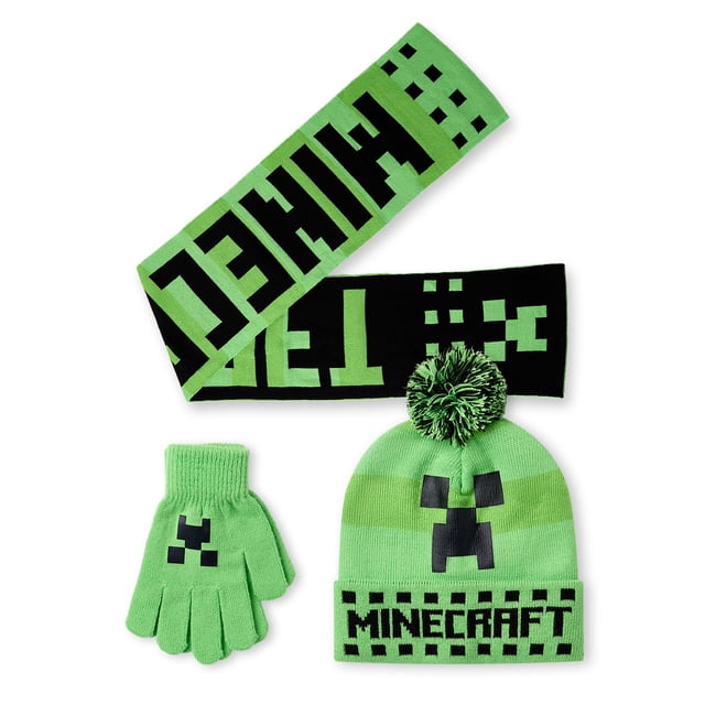 Set de accesorios para niños con gorro, guantes y bufanda de Minecraft, color verde