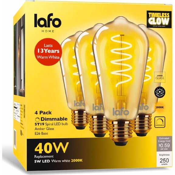 LafoHome TimelessGlow ST19 LED Spiral Filament Bulb, 250 Lumens, 40W Equivalent, 2000K Warm Amber, Dimmable, 4-Pack