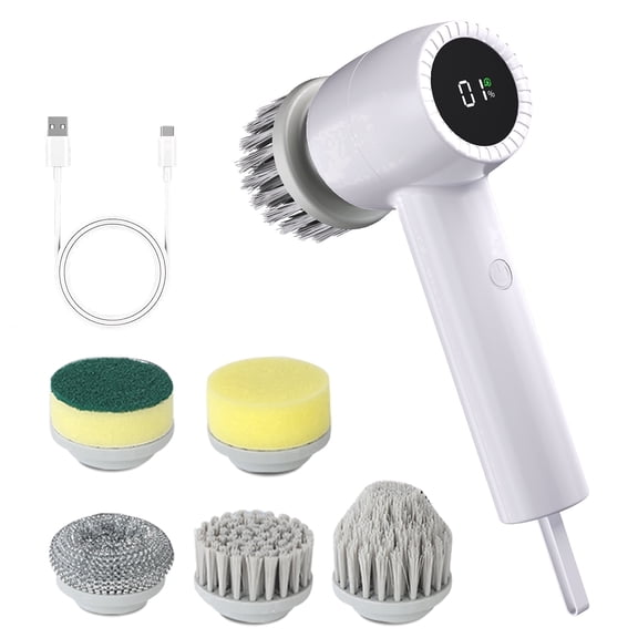 Smyeviva Electric Spin Scrubber Cordless Power Scrubber with 5 Replaceable Brush Heads LCD Shower Cleaning Brush for Bathroom Car White