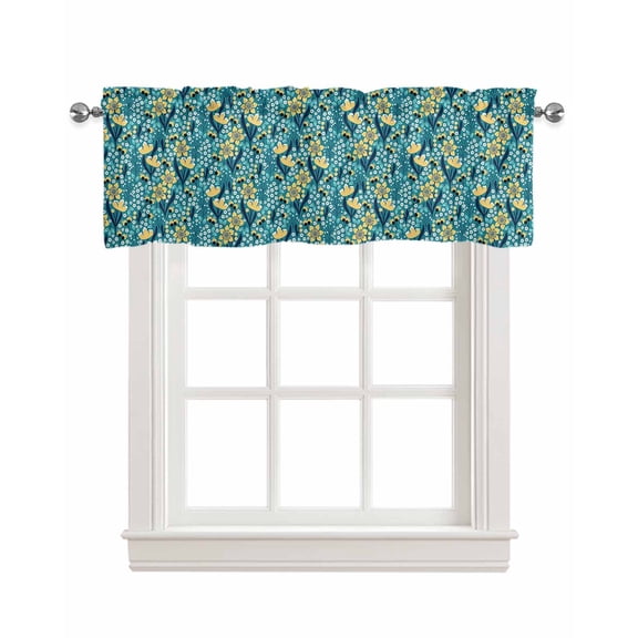 Teal Yellow Flowers Linen Curtain Valance for Bedroom/Bathroom/Kitchen/Office/Living/Dining Room Window,Watercolor Pastoral Botanical Rod Pocket Topper Decorative Cafe Drapes Panel 42"x18"