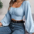 thumbnail image 4 of HAPIMO Women's Casual Elegant Slim Chiffon Shirts Vacation Workout Square Neck Pleated Pullovers Fashion Cropped Tops Lantern Sleeve Business Tees Outfits Blue S, 4 of 8