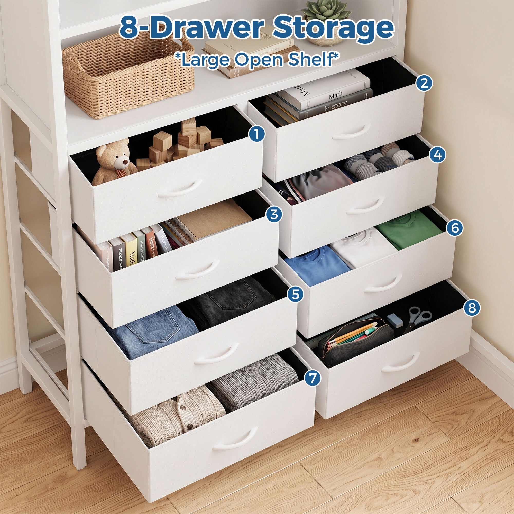 Miniyam Twin Metal Loft Bed with Desk and 8 Drawers Storage,USB Charage and LED Light,White