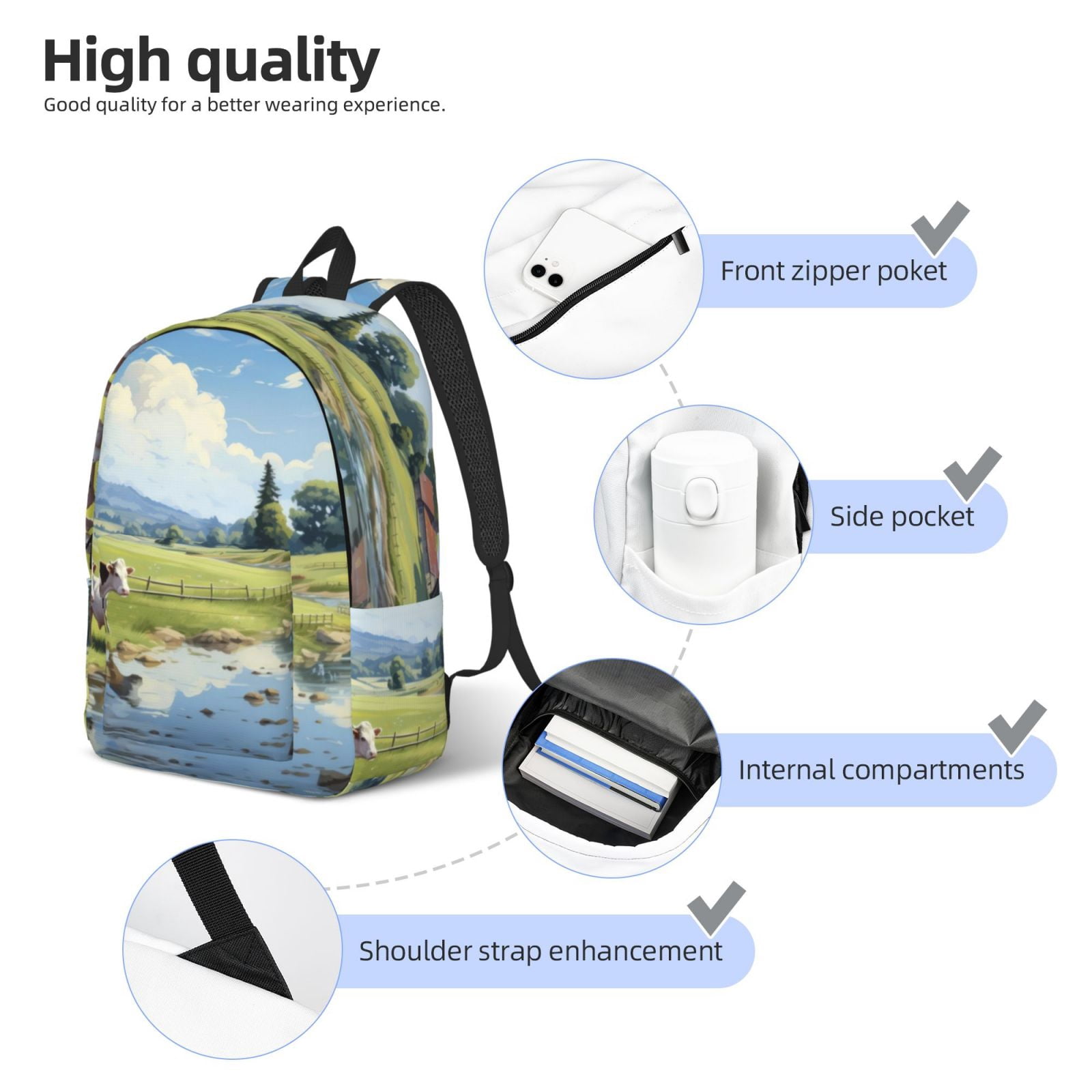 Vsdgher Pasture Cow Print Canvas Backpack Travel Rucksack Unisex Knapsack 15.7/17.7Inch Laptop Backpack for Work,College -Medium
