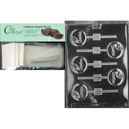 Teacher Bundle - Cybrtrayd Teacher Round Lolly Jobs Chocolate Candy Mold with Lollipop Supply Bundle of 25 Lollipop Sticks, 25 Cello Bags, 25 Silver Twist Ties and Instructions