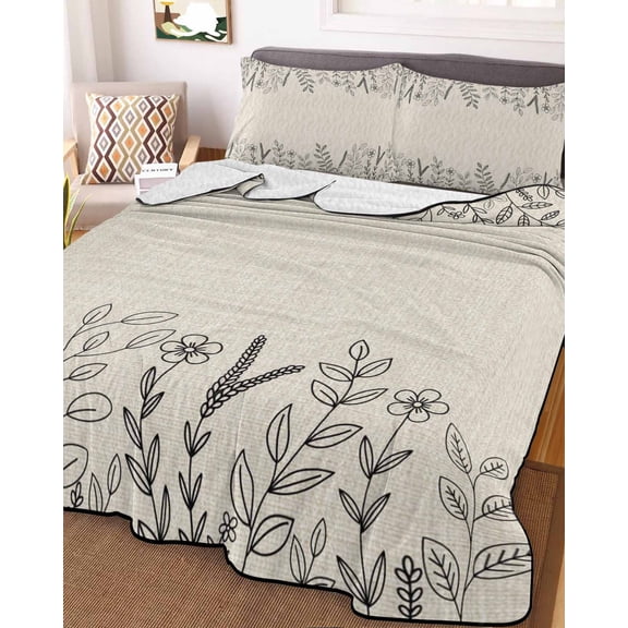 Black Beige Fall Queen Size Down Alternative Comforter, Lightweight Comforter Quilt Bedding Set with Pillow Shams Thanksgiving Eucalyptus Leaves Art All Seasons Bed Comforter Duvet Insert 90"x96"