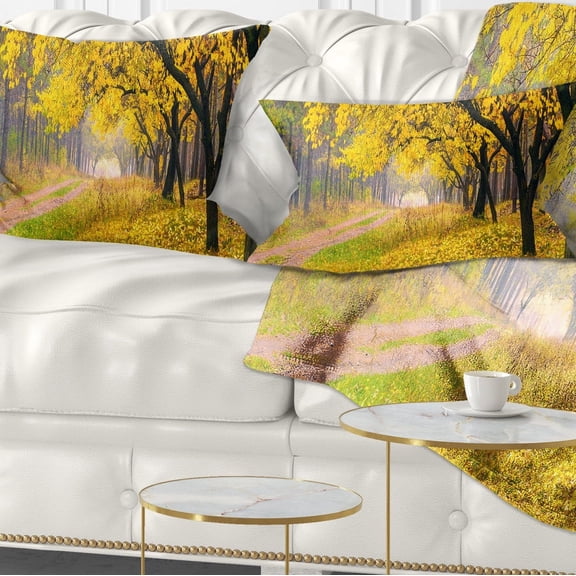 Designart Bright Yellow Autumn Forest - Landscape Photo Throw Pillow - 12x20
