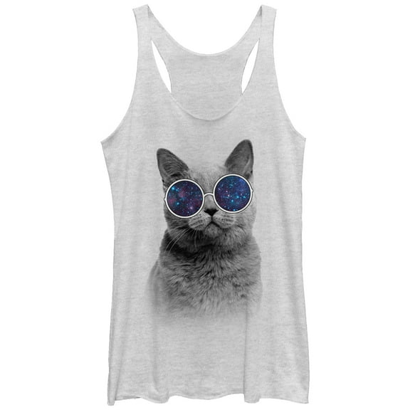 Women's Lost Gods Galaxy Goggles Cat  Racerback Tank Top White Heather Medium
