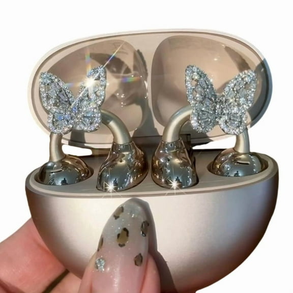 Butterfly Rhinestone Clip on Earbuds Open Ear, Removable Ear Accessories DIY Decoration