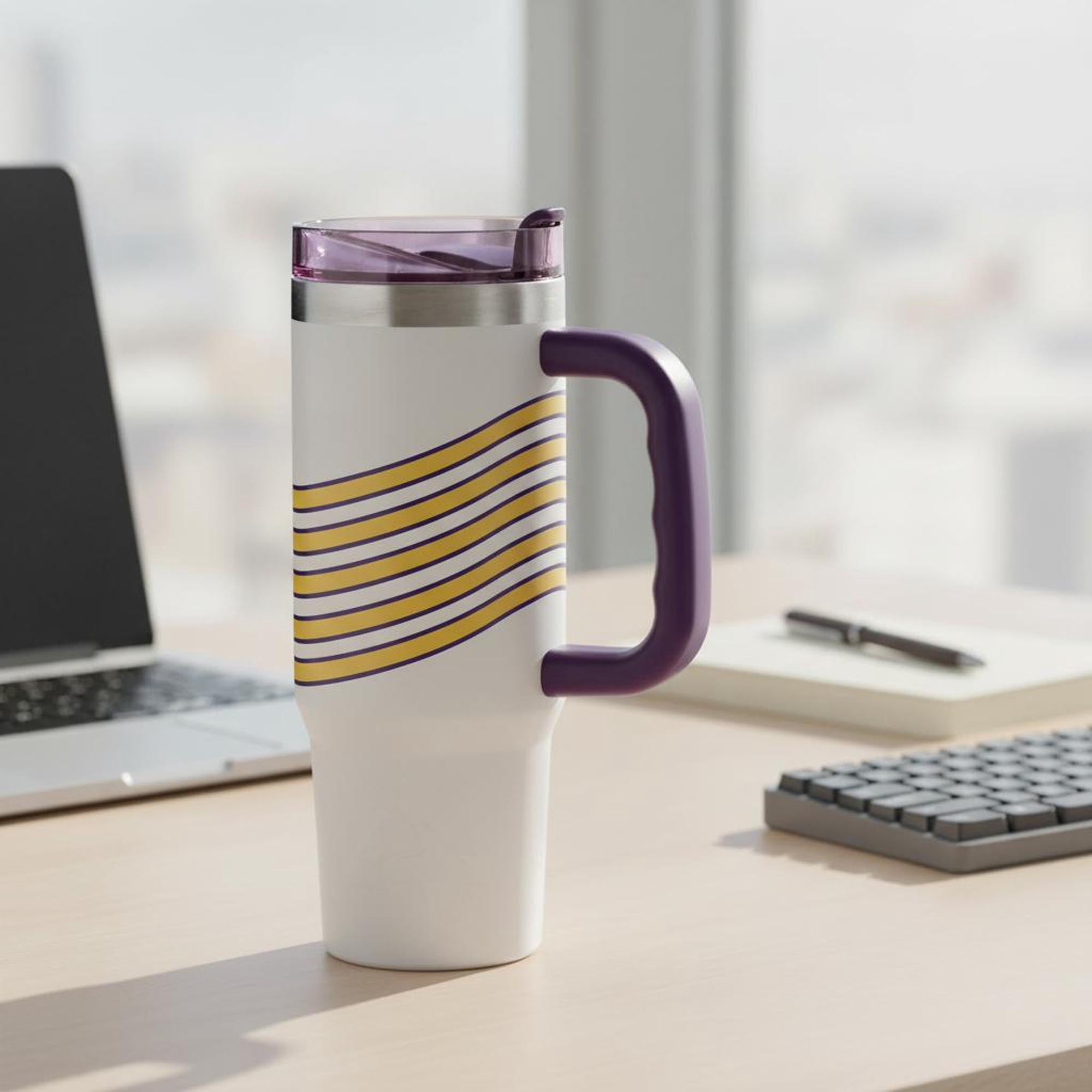 Ozark Trail 30 oz Stainless Steel Insulated Tumbler with Handle, White with Purple and Yellow Varsity Stripes