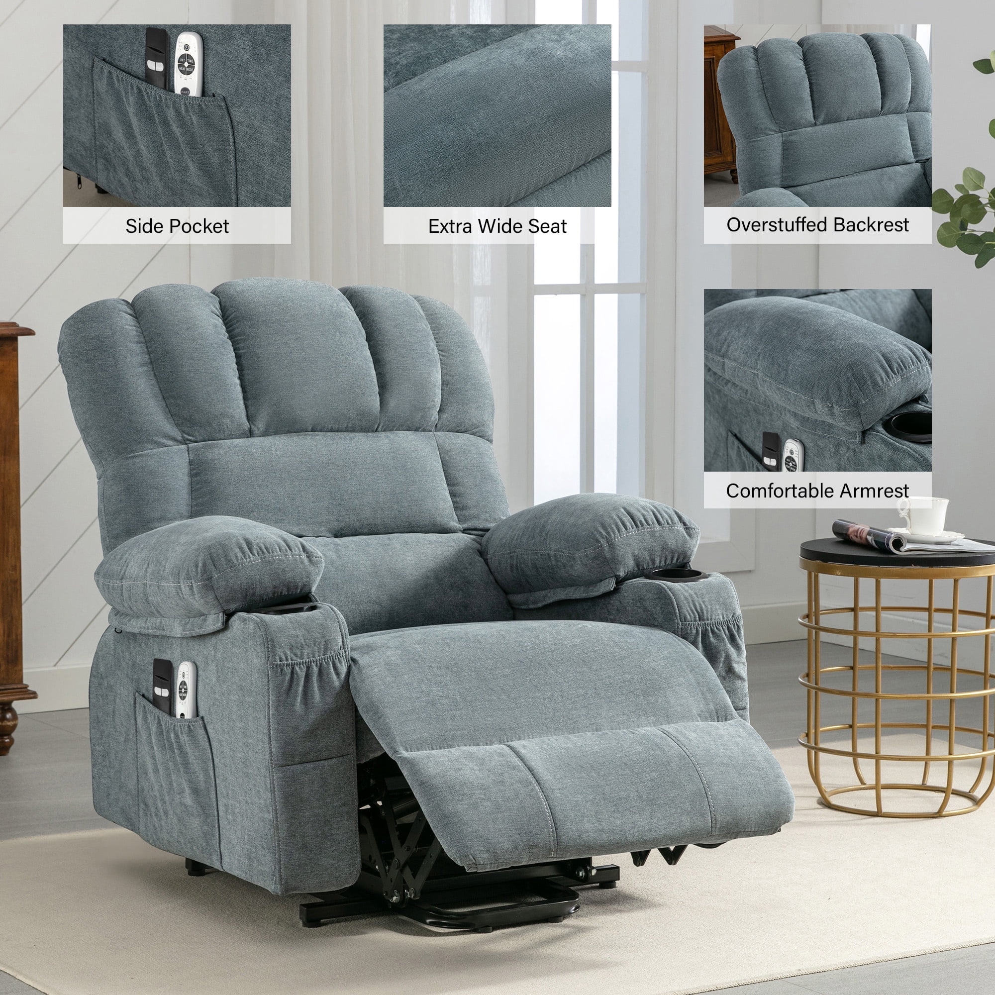 Power Lift Recliner Chairs with Massage and Heat, UHOMEPRO Electric Fabric Recliner Chair for Elderly, Living Room Furniture with USB Charge Port, 2 Cup Holders, and Side Pocket, Blue