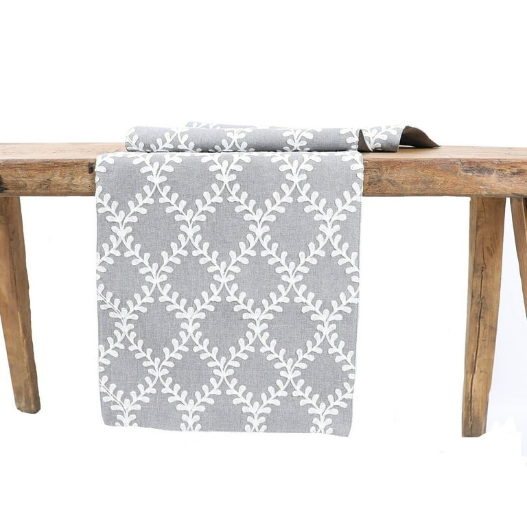 15 in. x 90 in. Piluki Leaf Crewel Embroidered Table Runner, Gray 15 in. x 90 in. Piluki Leaf Crewel Embroidered Table Runner, Gray