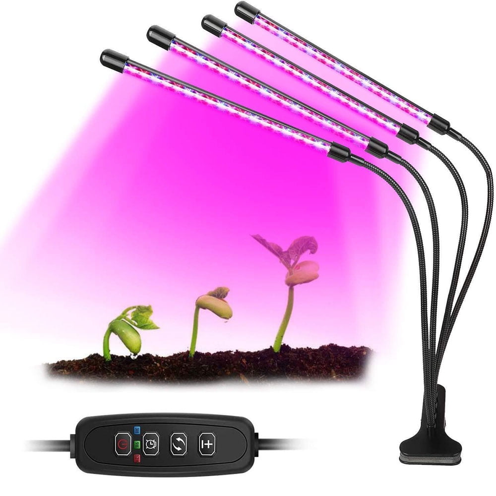 4-Head LED Grow Light for Indoor Plants, Full Spectrum Plant Growing Lights (Red/Blue/Mix), 3/9/12H Timer, 10 Brightness & Auto ON/Off