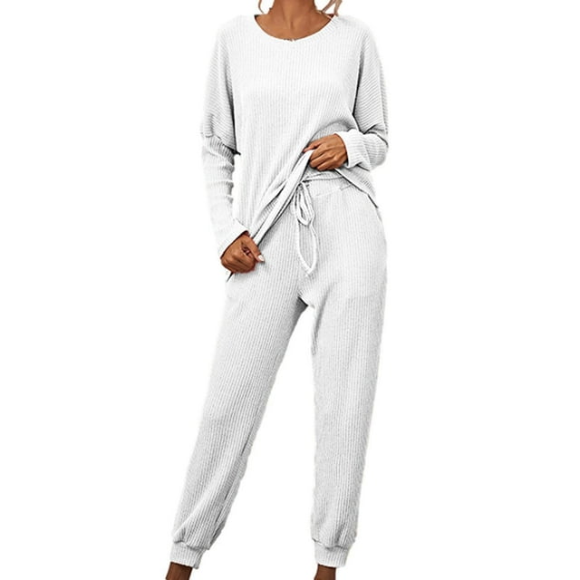 cfhntfmh Ensembles d'Entraînement pour Femmes Côtelé Mode Col Rond Manches Longues Hauts Pantalon Jogger en Tricot Doux 2 Pcs Tenues Athlétiques