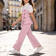 thumbnail image 3 of HBGVBA Girls 2 Piece Outfit Short Sleeve Colorblock Top with Wide Leg Pants Casual Set for 4-13 Years, 3 of 5