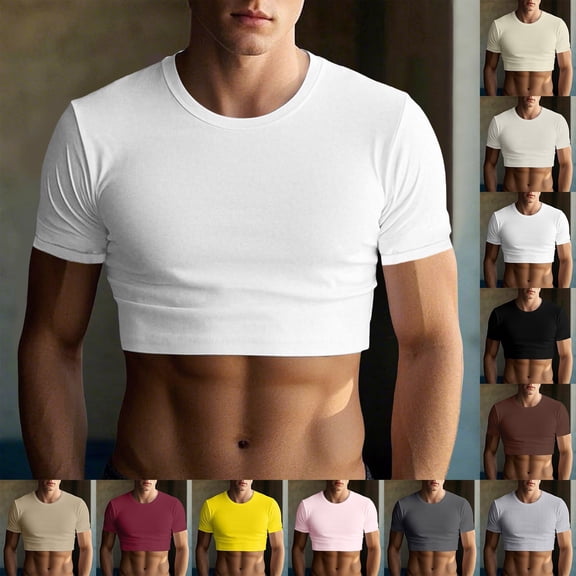 Men's Fitted Crop T-Shirt Cotton Blend Athletic Workout Top Solid Cropped Tee Short Sleeve Workout Hot Shirts Men