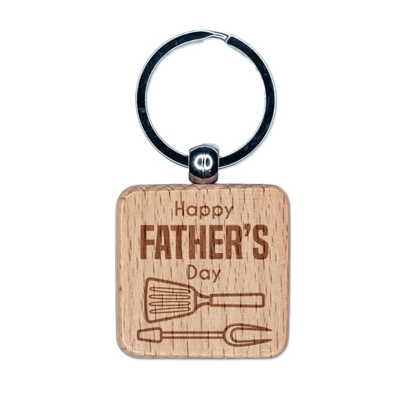 Happy Father's Day Grill BBQ Square Keychain Charm Tag - Engraved Wood