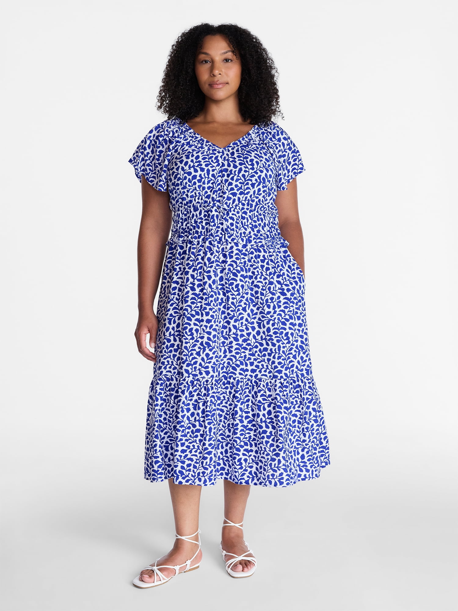 Time and Tru Women's Tiered Midi Dress with Flutter Sleeves, Sizes XS-XXXL