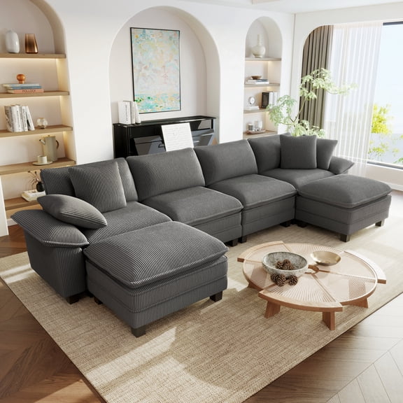 Sophia&William 157.5"L Modular Sectional Sofa Sets, Modern 6-Seat U-Shaped Corduroy Couch Sofa Set with Deep Seat & Throw Pillows for Living Room,Gray