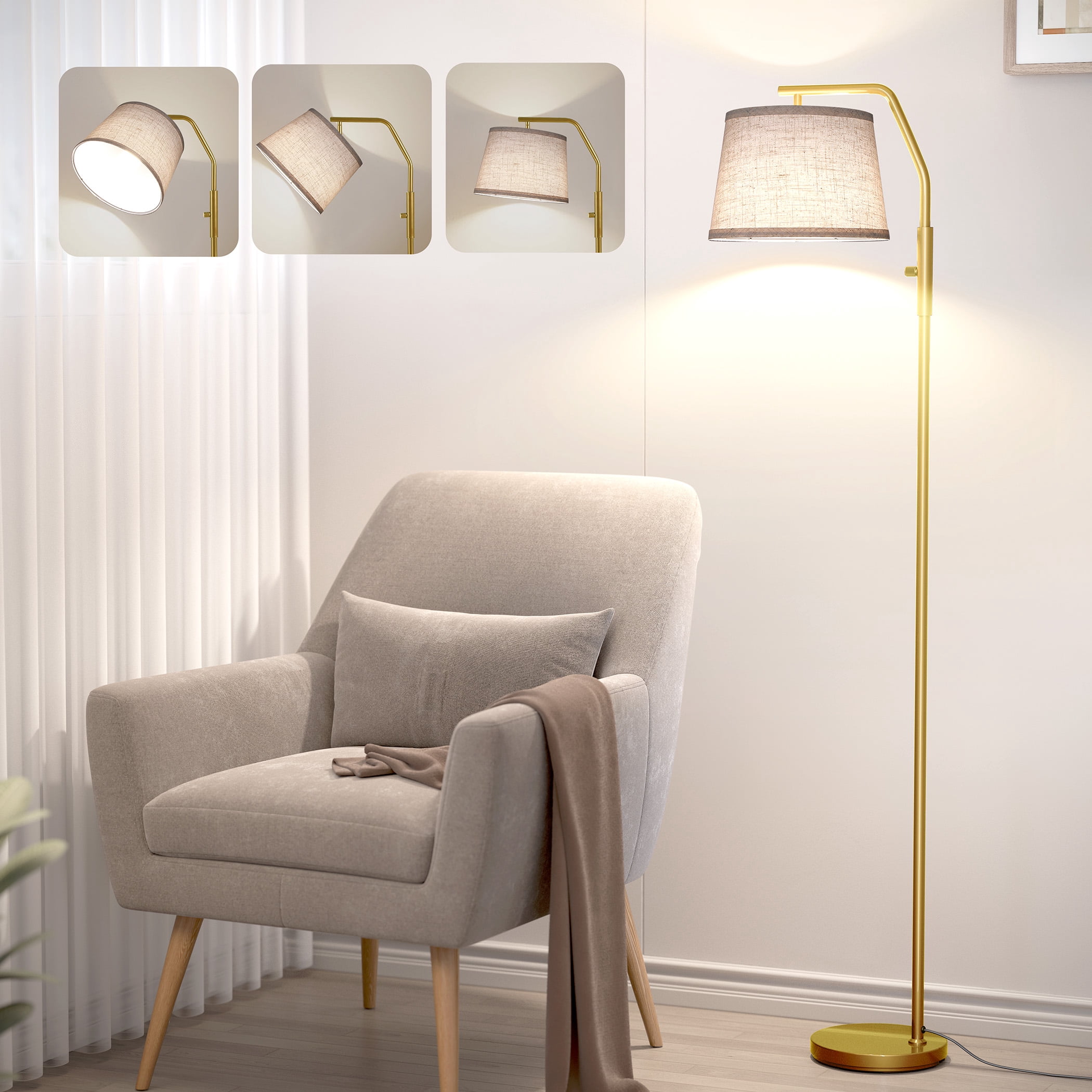 SUNMORY Floor Lamp for Living Room, 9W Bulb Included, Lamp for Bedroom with Adjust Head, Standing Lamp with Rotary Switch, 0-100% Dimmable Floor Lamp for Living Room Bedroom Office Nursery, Gold