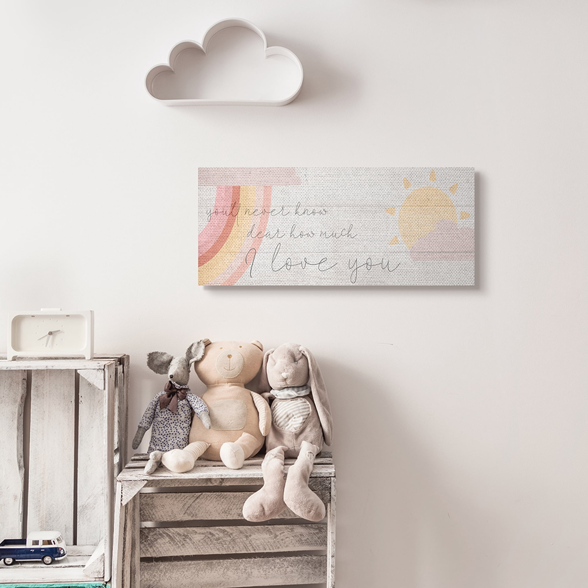 Stupell Industries How Much I Love You Phrase Pink Rainbow Inspirational Painting Gallery Wrapped Canvas Art Print Wall Art, 10 x 24