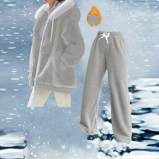 HongQid Womens 2 Piece Sweatsuit Set Sherpa Winter Coats Fleece Zip Up Jackets Warm Plush Hooded Plus Size Winter Coats Oversized Fuzzy Jackets with Pants