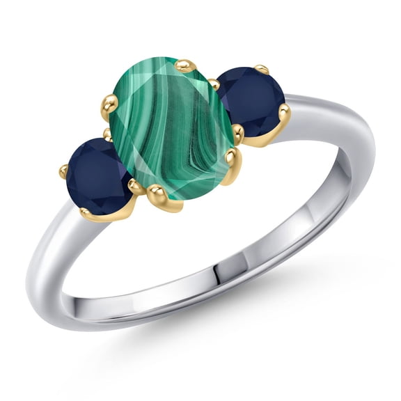 Gem Stone King 10K Two Tone Gold Green Malachite and Blue Sapphire Engagement Ring for Women | 2.70 Cttw | Oval 8X6MM | Gemstone Birthstone | Size 9