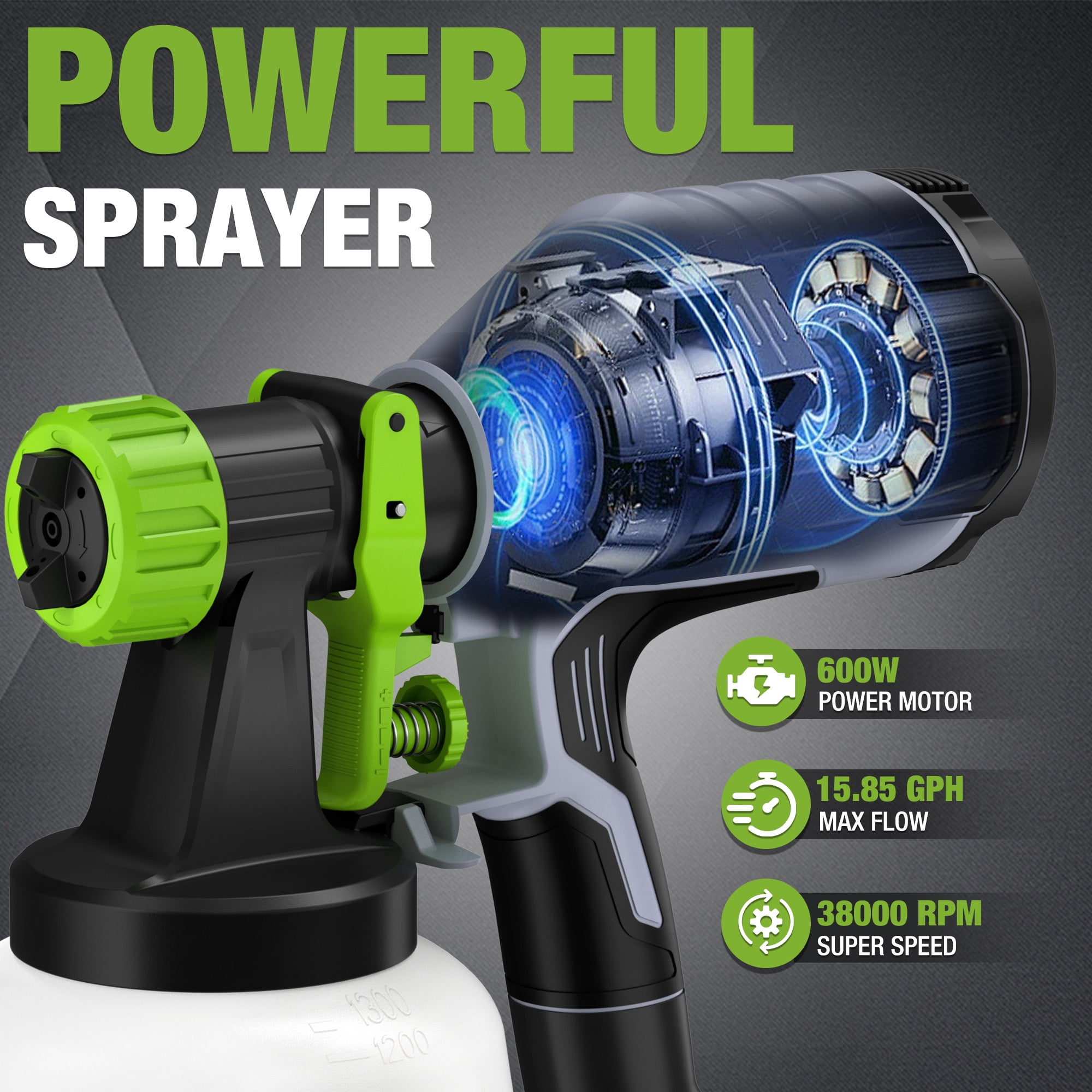 WORKPRO Paint Sprayer, 600W HVLP Spray Gun with 4 Nozzles, 3 Spray Patterns, Adjustable Flow, 44 Fl. Oz (1300 ml) Container, for Furniture, Cabinets, Walls, Doors