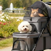 Puedo Double Pet Stroller for Small Cats and Dogs, Foldable Kittens Puppies Travel Strolling Cart with 2 Carriages, Lockable Wheels, Black