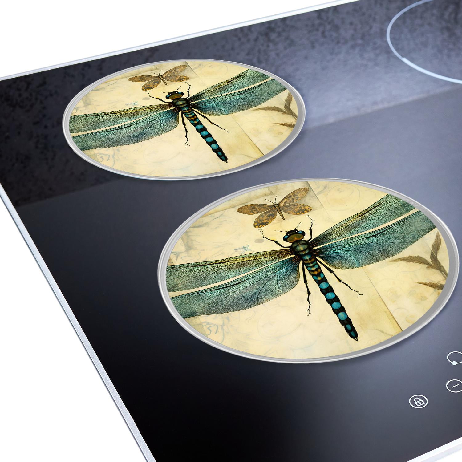 Round Stove Burner Covers 4 Pcs Metal Electric Stove Burner Covers 8Inch And 10Inch ,Dragonfly Vintage Stylish Retro image