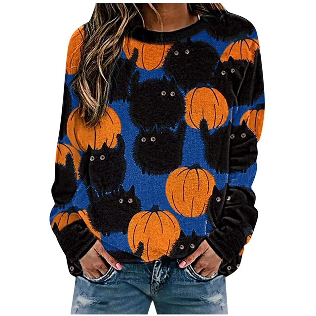 Chandail en Molleton Citrouille Chat pour Femmes Halloween Col Rond Pull Manches Longues Hauts Décontractés Amples