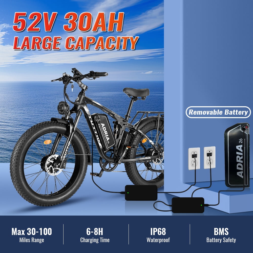 TUTTIO Adria26 Electric Mountain Bike for Adults Teen with Helmet, 5000W Men Off-Road Ebike, 26" Fat Tire Full Suspension Electric Bicycles, 7 Speed, 52V 30Ah Battery, Max 46Mph UL2849