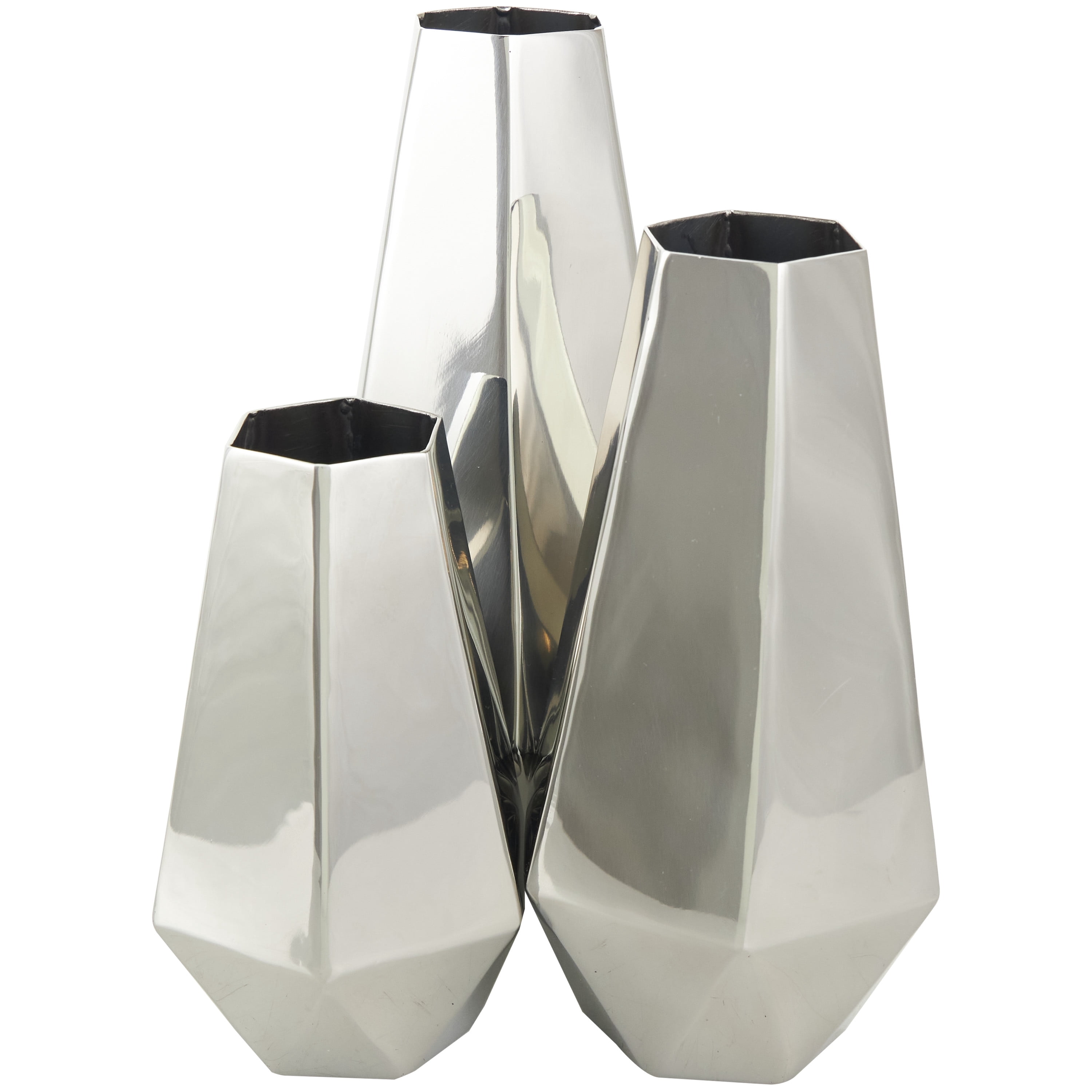 DecMode 10", 8", 6"H Geometric Hexagon Shaped Silver Stainless Steel Vase with Varying Heights, Set of 3